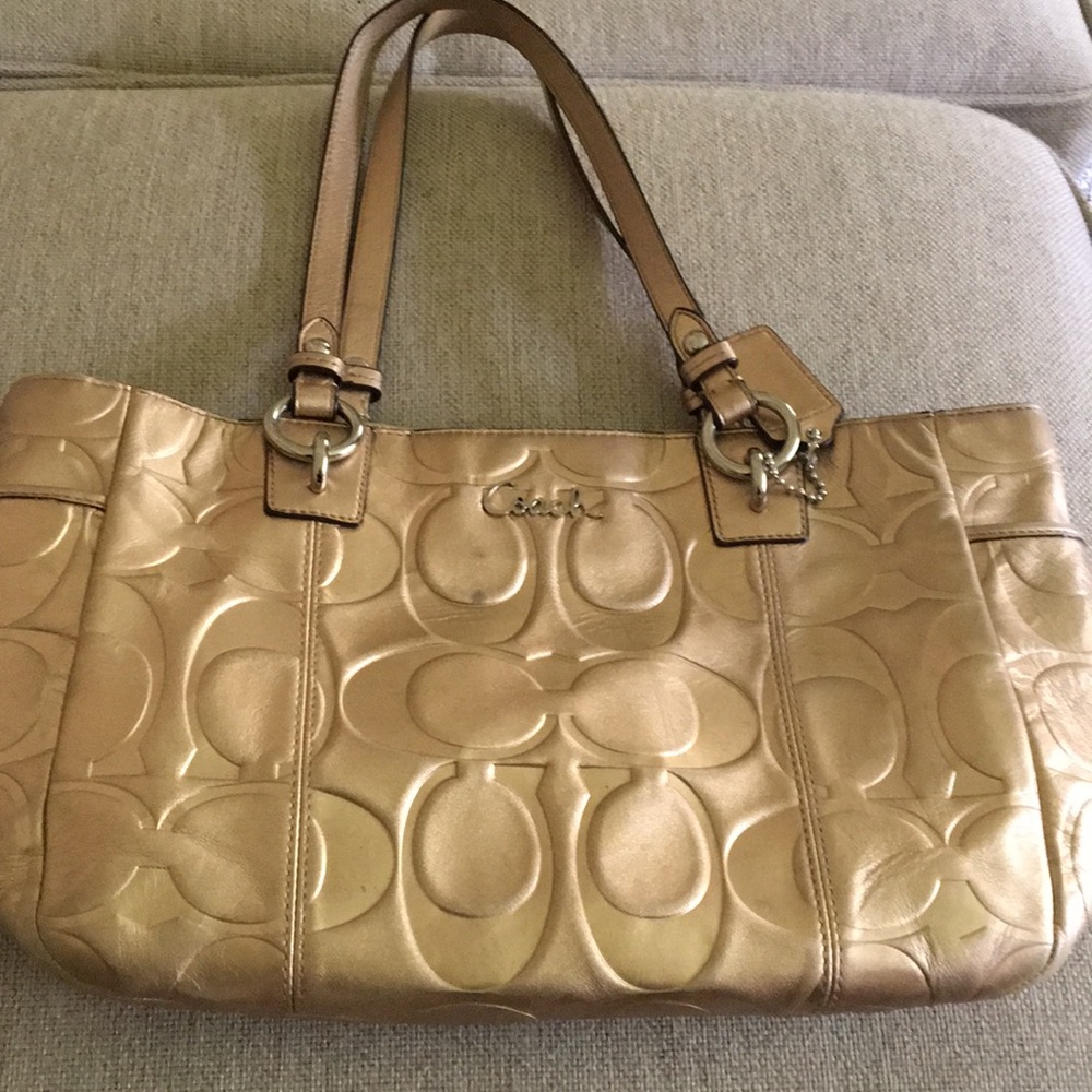 Gold Coach Embossed Signature Tote Bag